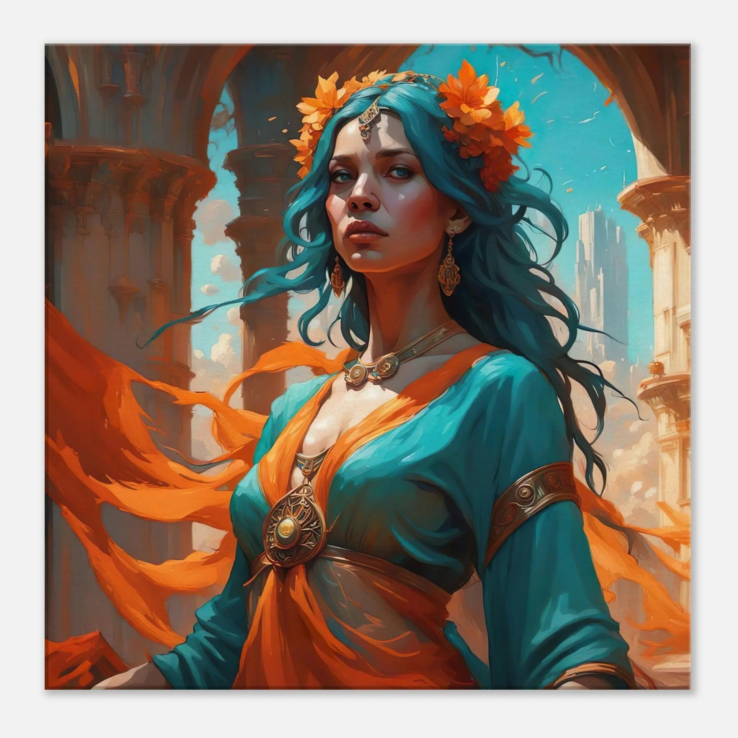 Leinwandbild - Frau in Magischer Umgebung - Malerischer Stil, KI-Kunst - RolConArt, Malerischer Stil - Porträts, 60x60-cm-24x24