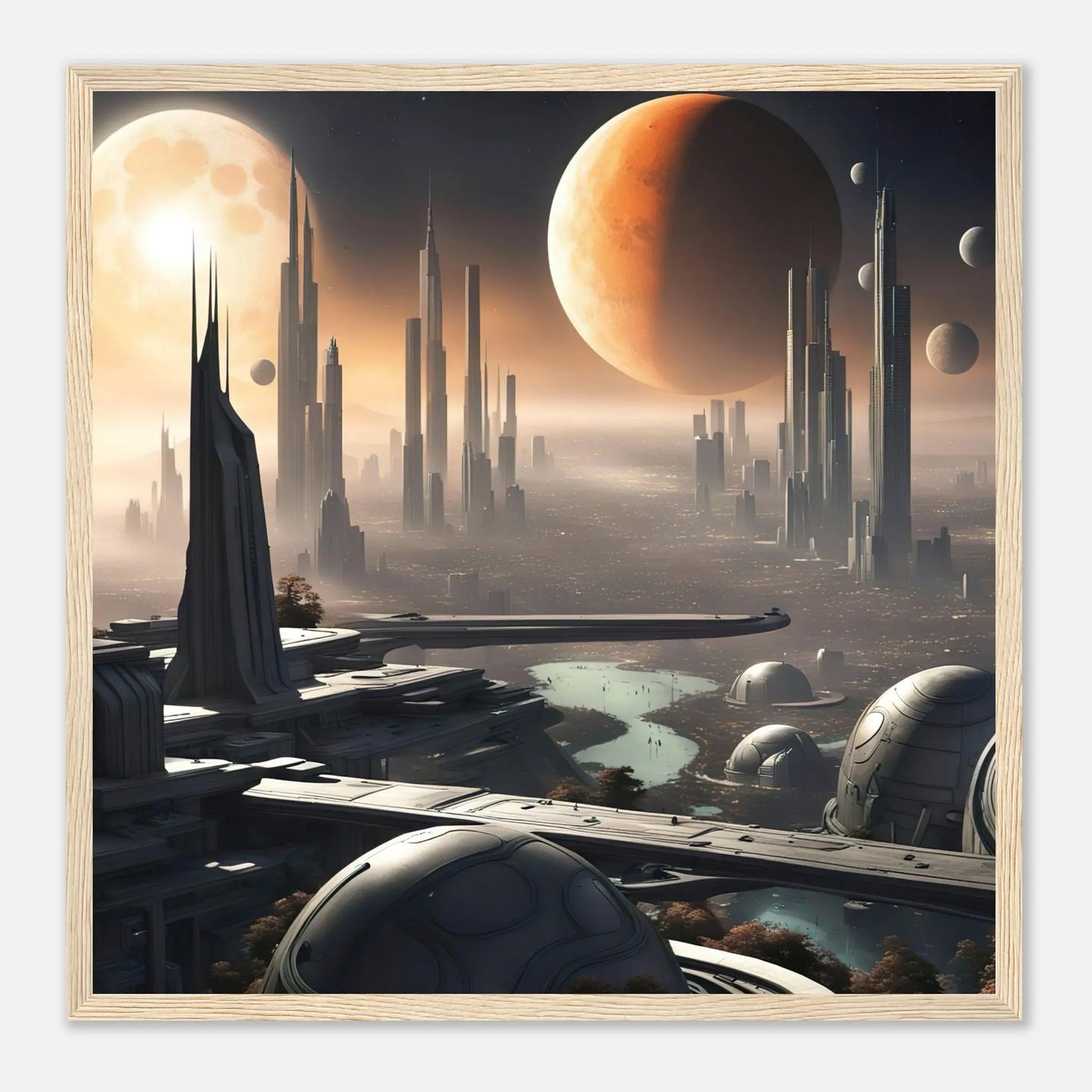 Gerahmtes Premium-Poster -Futuristische Welt- Digitaler Stil, KI-Kunst - RolConArt, Sci-Fi, 50x50-cm-20x20-Holzrahmen