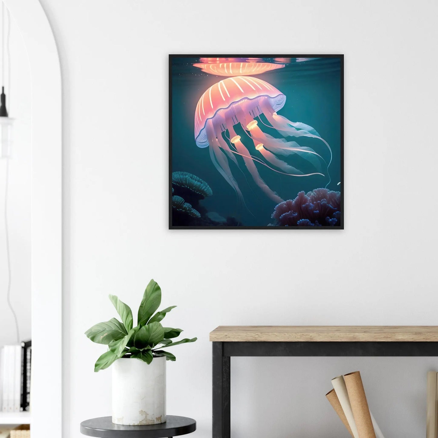 Gerahmtes Premium-Poster - Qualle - Digitaler Stil, KI-Kunst - RolConArt, Unterwasserlandschaften,