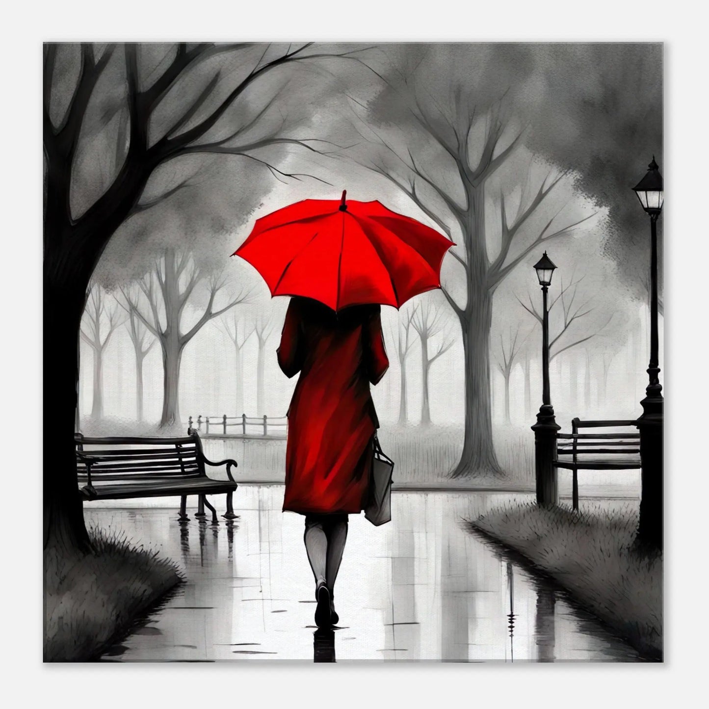 Leinwandbild - Frau mit rotem Regenschirm  - Schwarz-Weiß, KI-Kunst - RolConArt, Schwarz-Weiß mit Akzentfarben, 60x60-cm-24x24