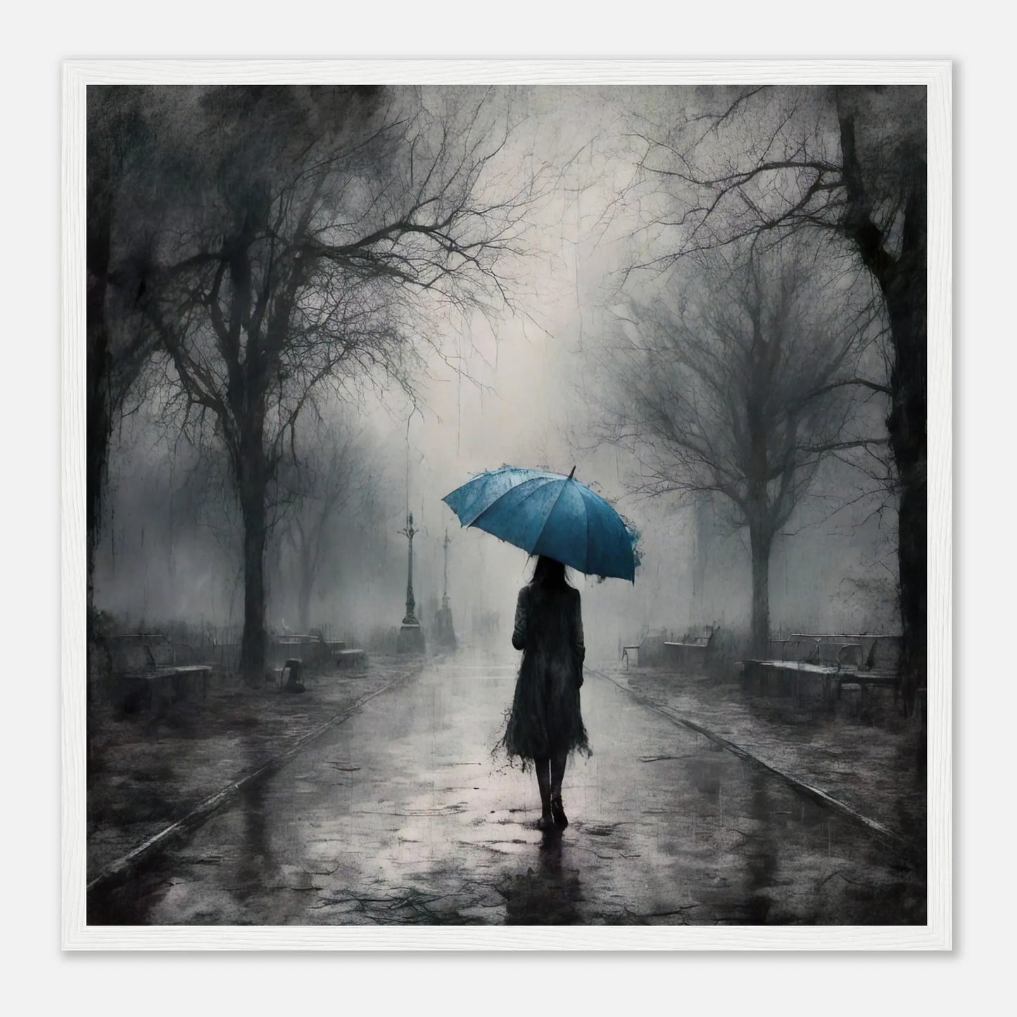 Gerahmtes Premium-Poster - Frau im Park - Schwarz-Weiß, KI-Kunst - RolConArt, Schwarz-Weiß mit Akzentfarben, 50x50-cm-20x20-Weißer-Rahmen