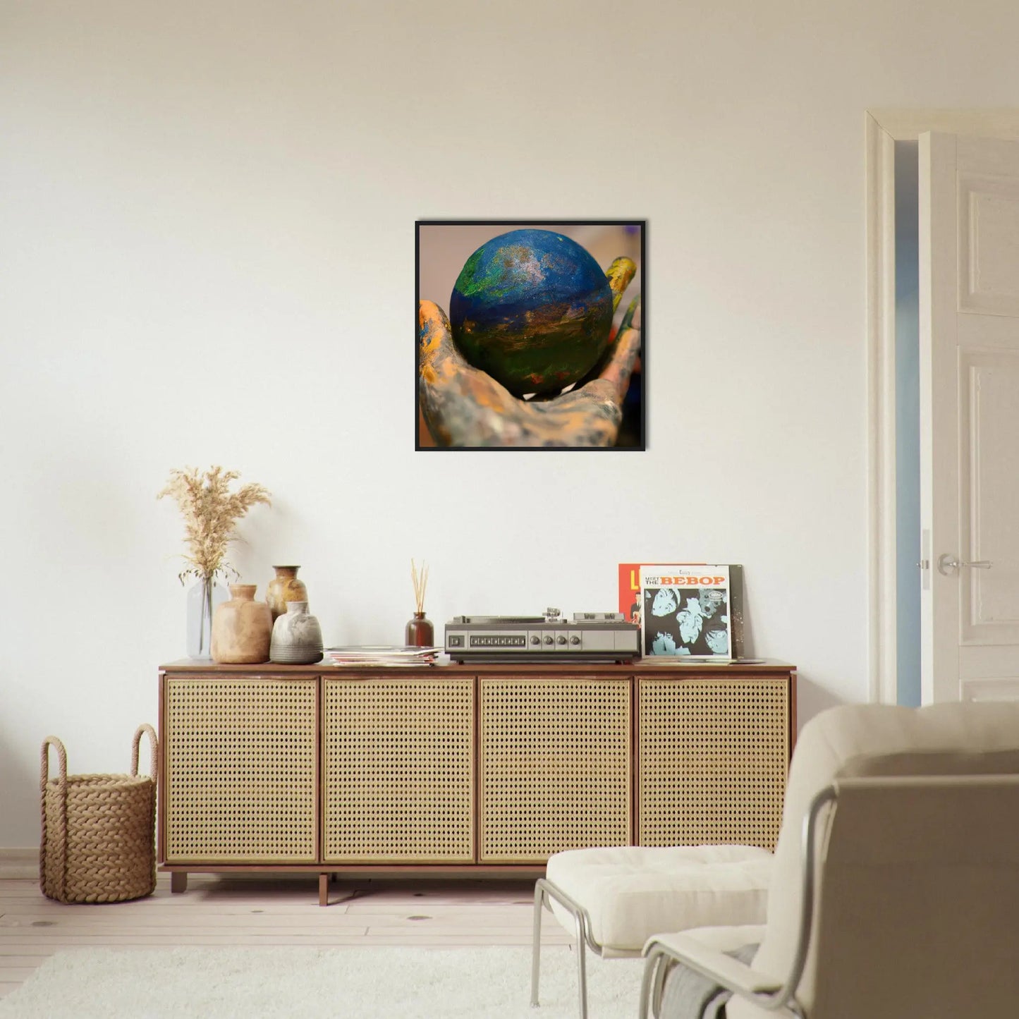 Gerahmtes Premium-Poster - Planet in der Hand - Foto Stil, KI-Kunst - RolConArt, Fotokunst - Kreative Vielfalt,