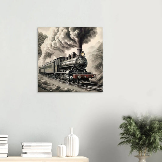 Moderner Forex-Druck - Dampflokomotive  - Schwarz-Weiß, KI-Kunst RolConArt