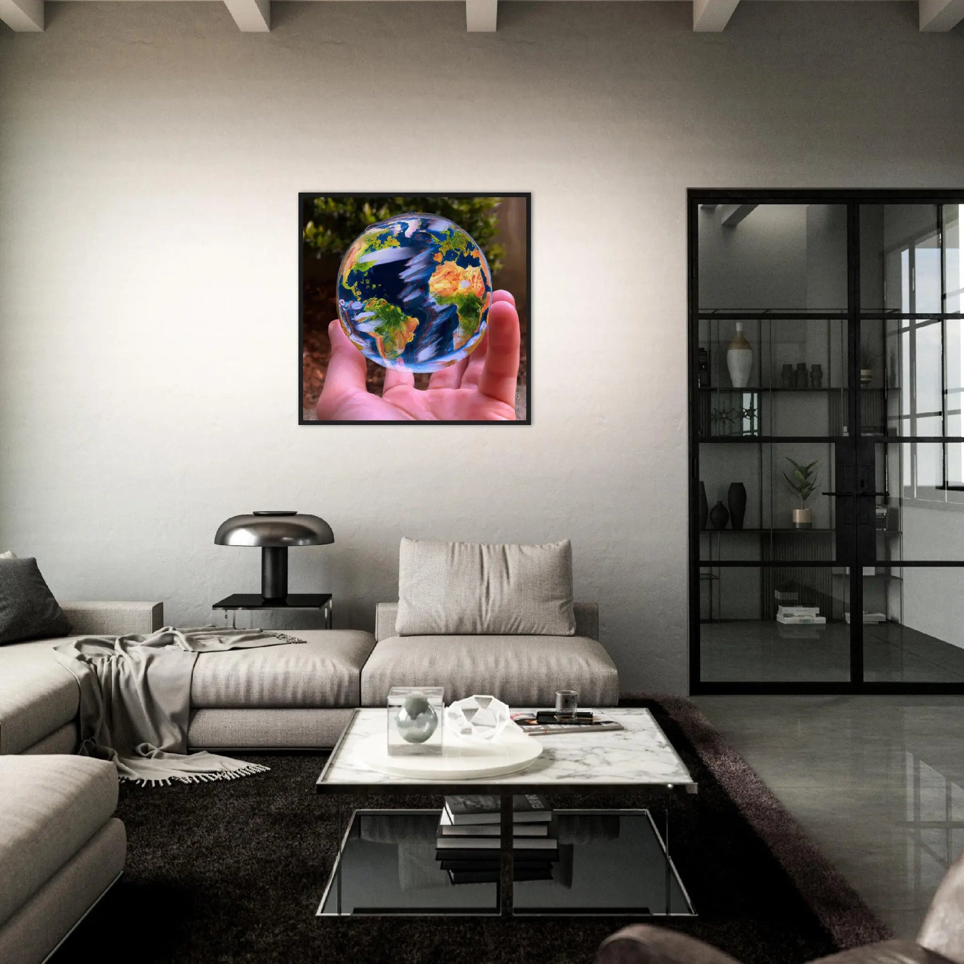 Gerahmtes Premium-Poster - Planet in der Hand - Foto Stil, KI-Kunst - RolConArt, Fotokunst - Kreative Vielfalt,