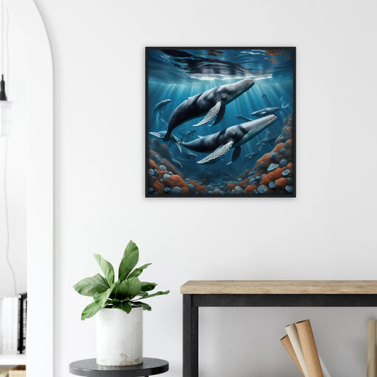 Gerahmtes Premium-Poster - Buckelwale - Digitaler Stil, KI-Kunst - RolConArt, Unterwasserlandschaften,