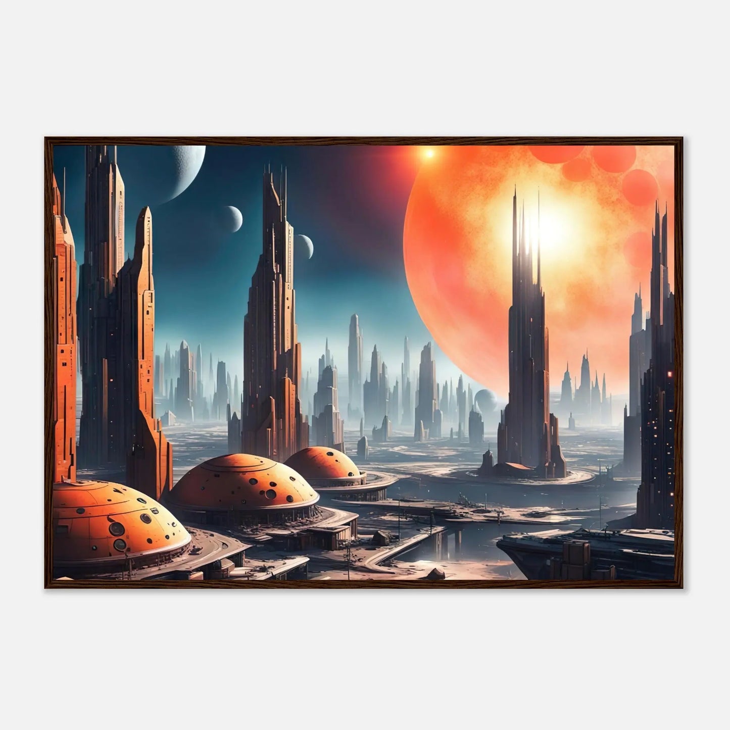 Gerahmtes Premium-Poster -Futuristische Welt- Digitaler Stil, KI-Kunst - RolConArt, Sci-Fi, 70x100-cm-28x40-Dunkler-Holzrahmen