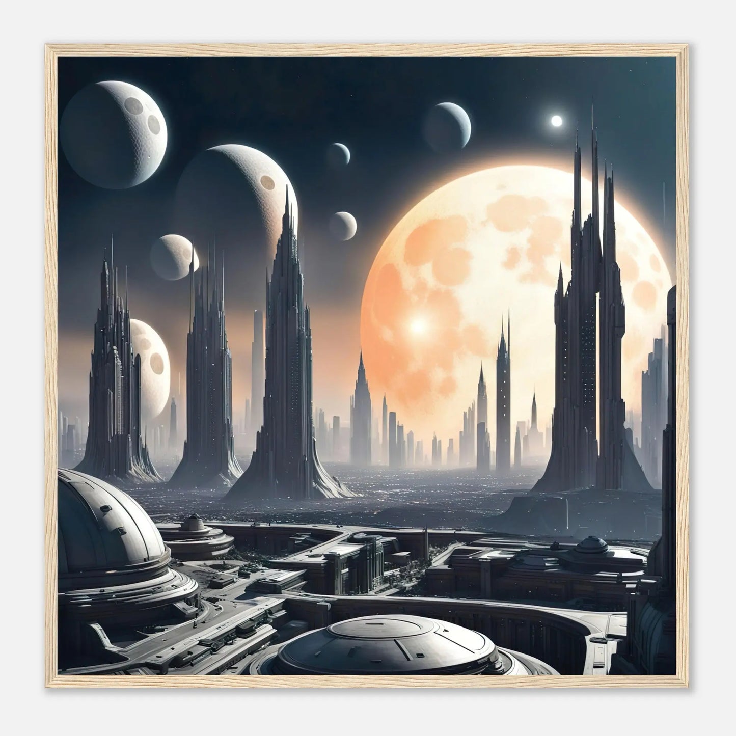 Gerahmtes Premium-Poster -Futuristische Welt- Digitaler Stil, KI-Kunst - RolConArt, Sci-Fi, 70x70-cm-28x28-Holzrahmen