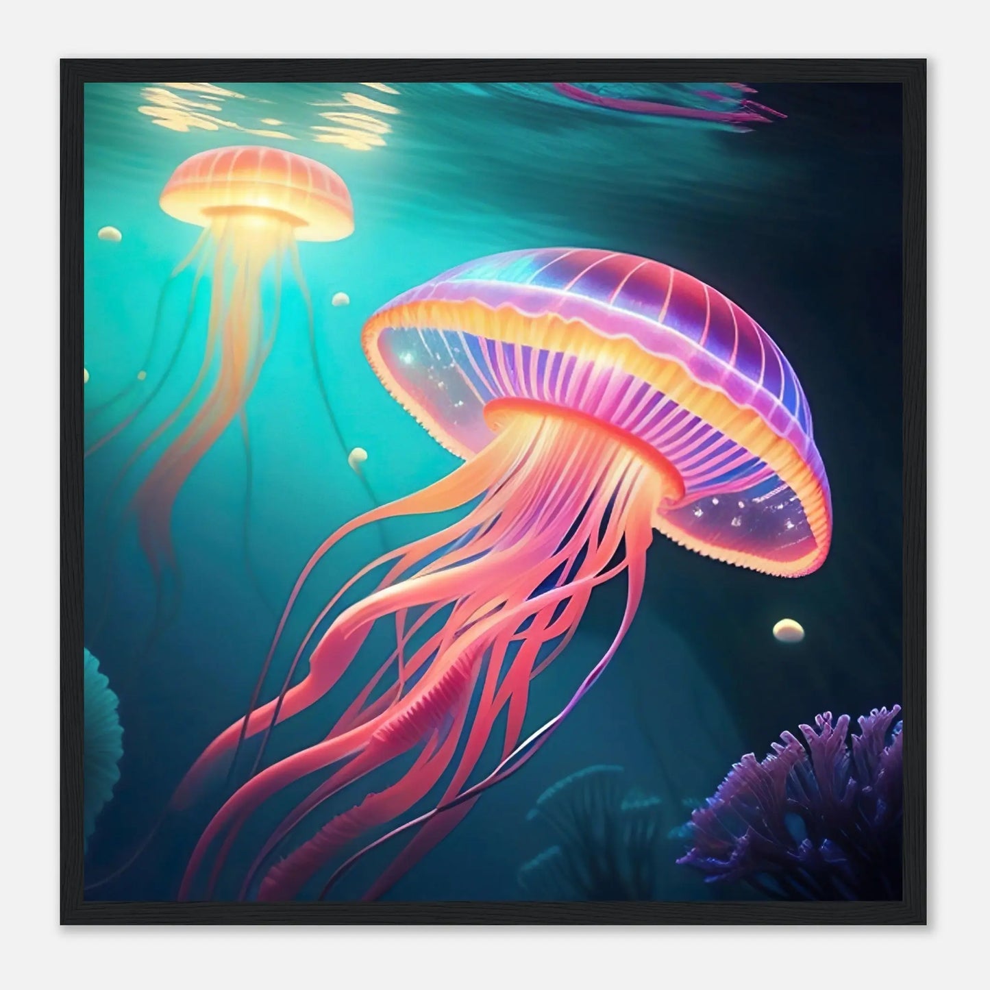 Gerahmtes Premium-Poster - Quallen - Digitaler Stil, KI-Kunst - RolConArt, Unterwasserlandschaften, 50x50-cm-20x20-Schwarzer-Rahmen