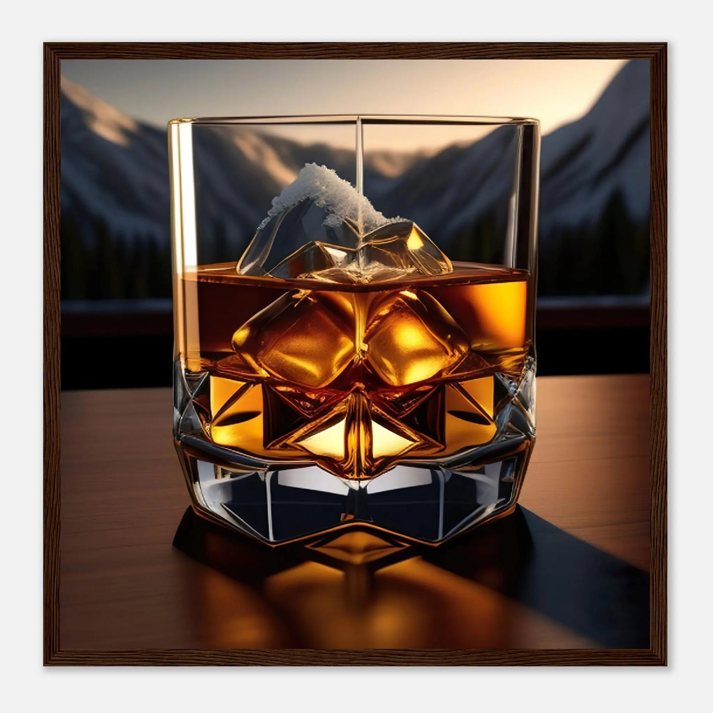 Gerahmtes Premium-Poster - Whiskey im Glas - Foto Stil, KI-Kunst - RolConArt, Kreative Vielfalt, 50x50-cm-20x20-Dunkler-Holzrahmen