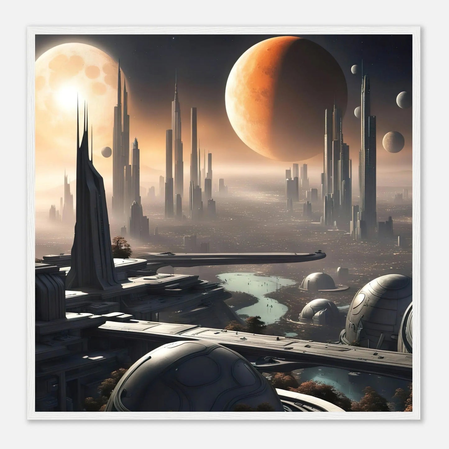 Gerahmtes Premium-Poster -Futuristische Welt- Digitaler Stil, KI-Kunst - RolConArt, Sci-Fi, 70x70-cm-28x28-Weißer-Rahmen