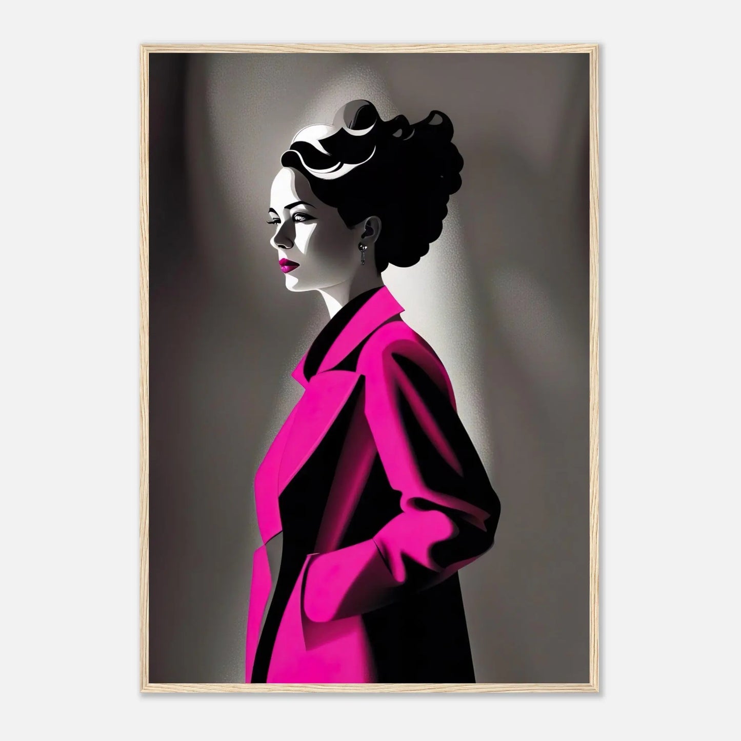 Gerahmtes Premium-Poster - Frau im rosa Mantel - Schwarz-Weiß, KI-Kunst - RolConArt, Schwarz-Weiß mit Akzentfarben, 70x100-cm-28x40-Holzrahmen