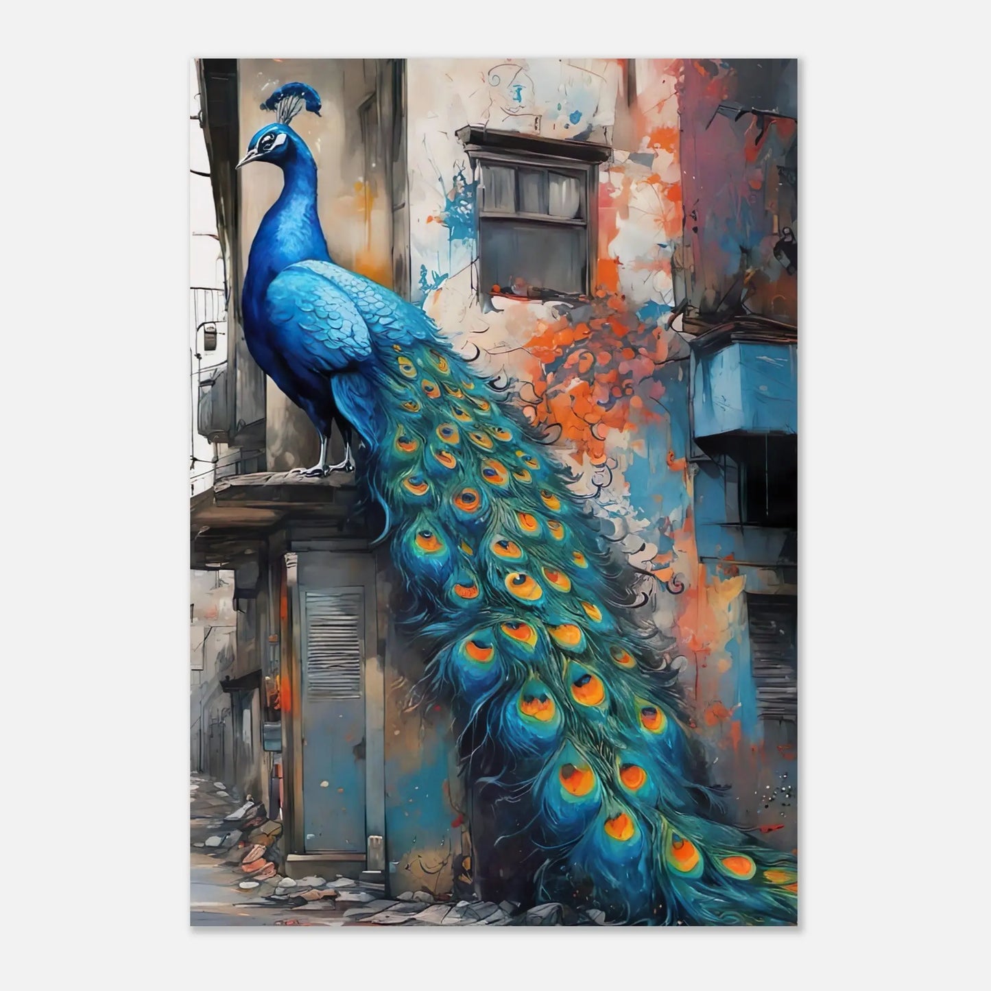 Aluminiumdruck - Blauer Pfau - Splash Art Stil, KI-Kunst RolConArt