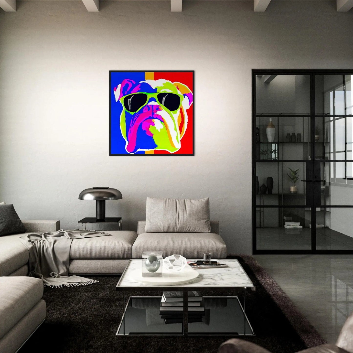 Gerahmtes Premium-Poster - Englische Bulldogge - Pop Art Stil, KI-Kunst - RolConArt, Pop Art - Tiere,