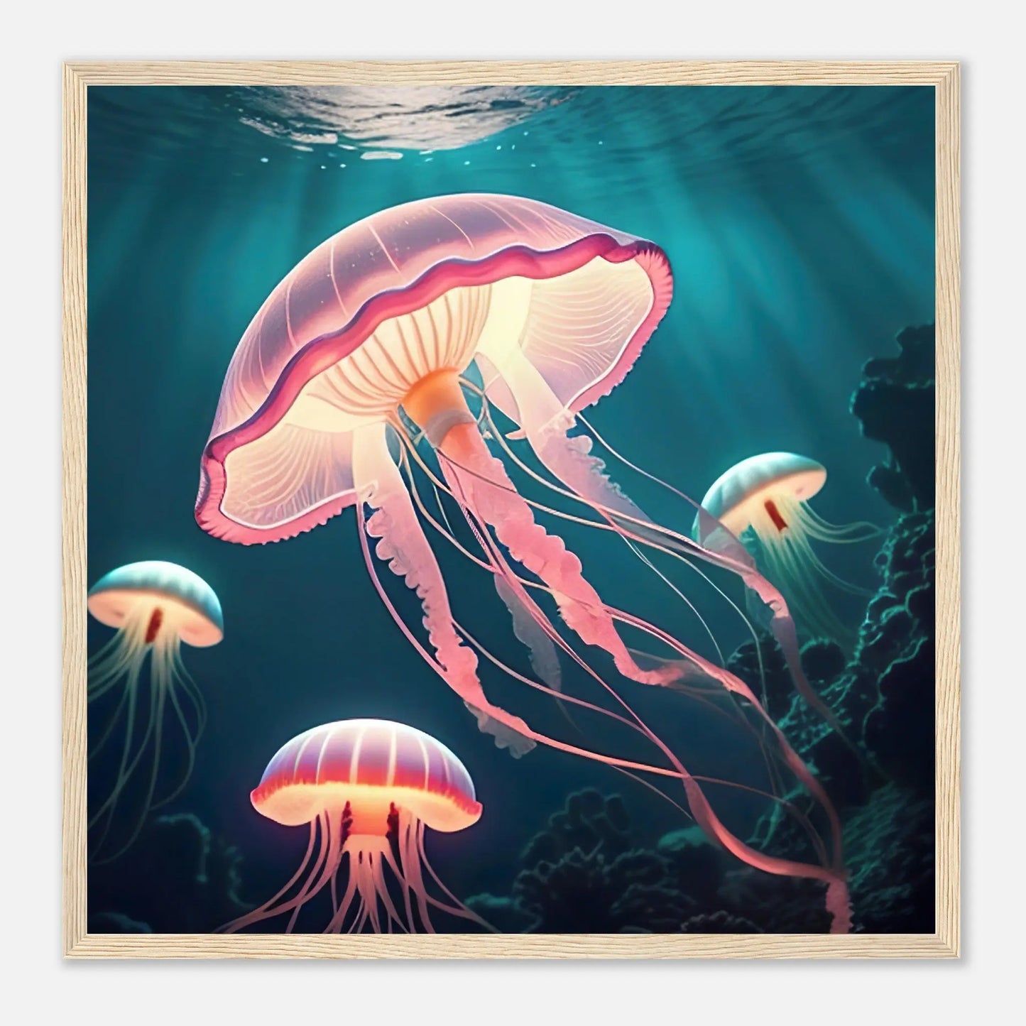 Gerahmtes Premium-Poster - Quallen - Digitaler Stil, KI-Kunst - RolConArt, Unterwasserlandschaften, 50x50-cm-20x20-Holzrahmen