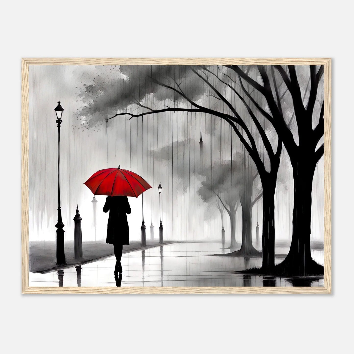 Gerahmtes Premium-Poster - Frau im Park - Schwarz-Weiß, KI-Kunst - RolConArt, Schwarz-Weiß mit Akzentfarben, 45x60-cm-18x24-Holzrahmen