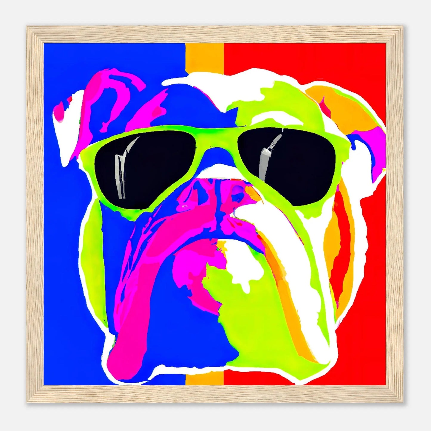 Gerahmtes Premium-Poster - Englische Bulldogge - Pop Art Stil, KI-Kunst - RolConArt, Pop Art - Tiere, 30x30-cm-12x12-Holz
