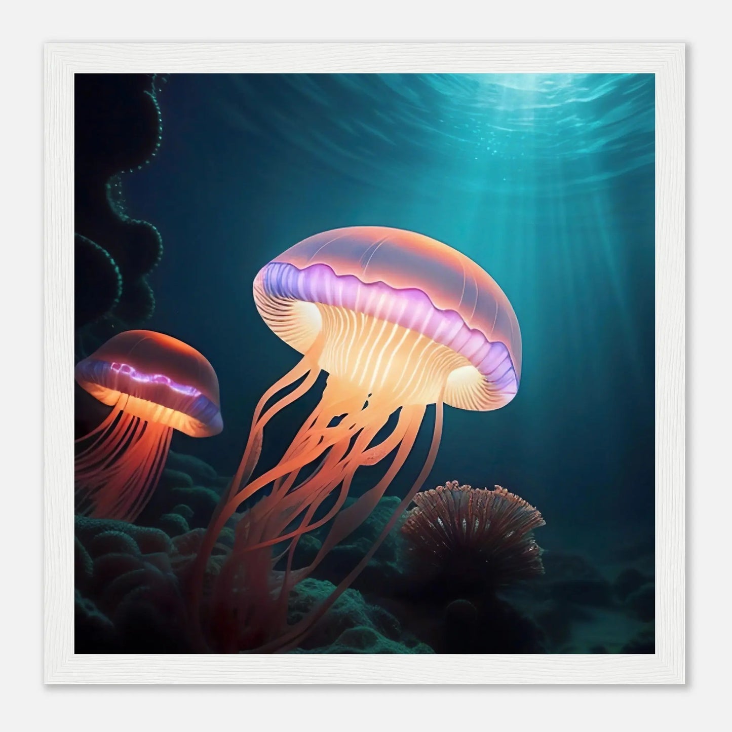 Gerahmtes Premium-Poster - Quallen - Digitaler Stil, KI-Kunst - RolConArt, Unterwasserlandschaften, 30x30-cm-12x12-Weißer-Rahmen
