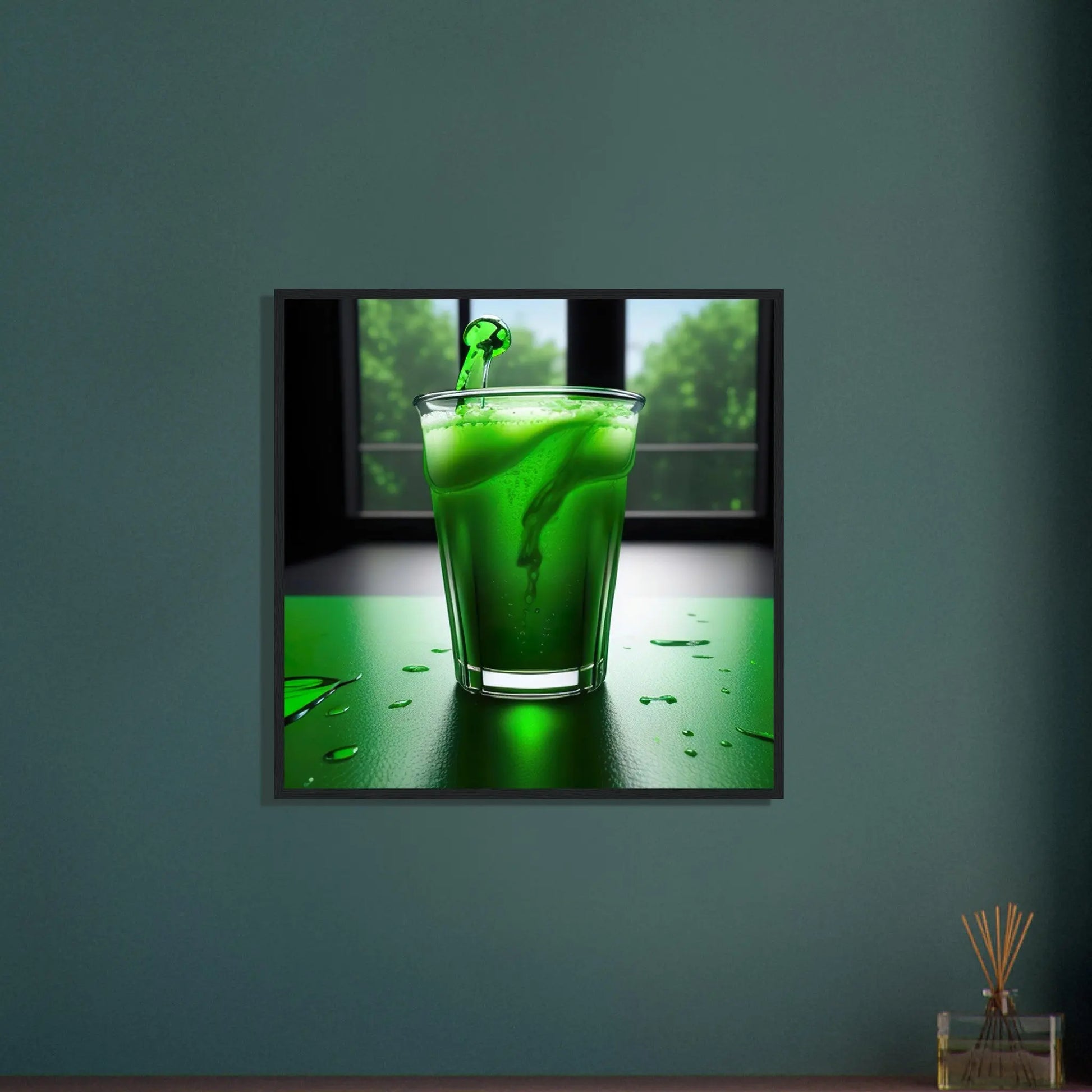 Gerahmtes Premium-Poster - Glas mit grünem Trank - Foto Stil, KI-Kunst - RolConArt, Kreative Vielfalt,