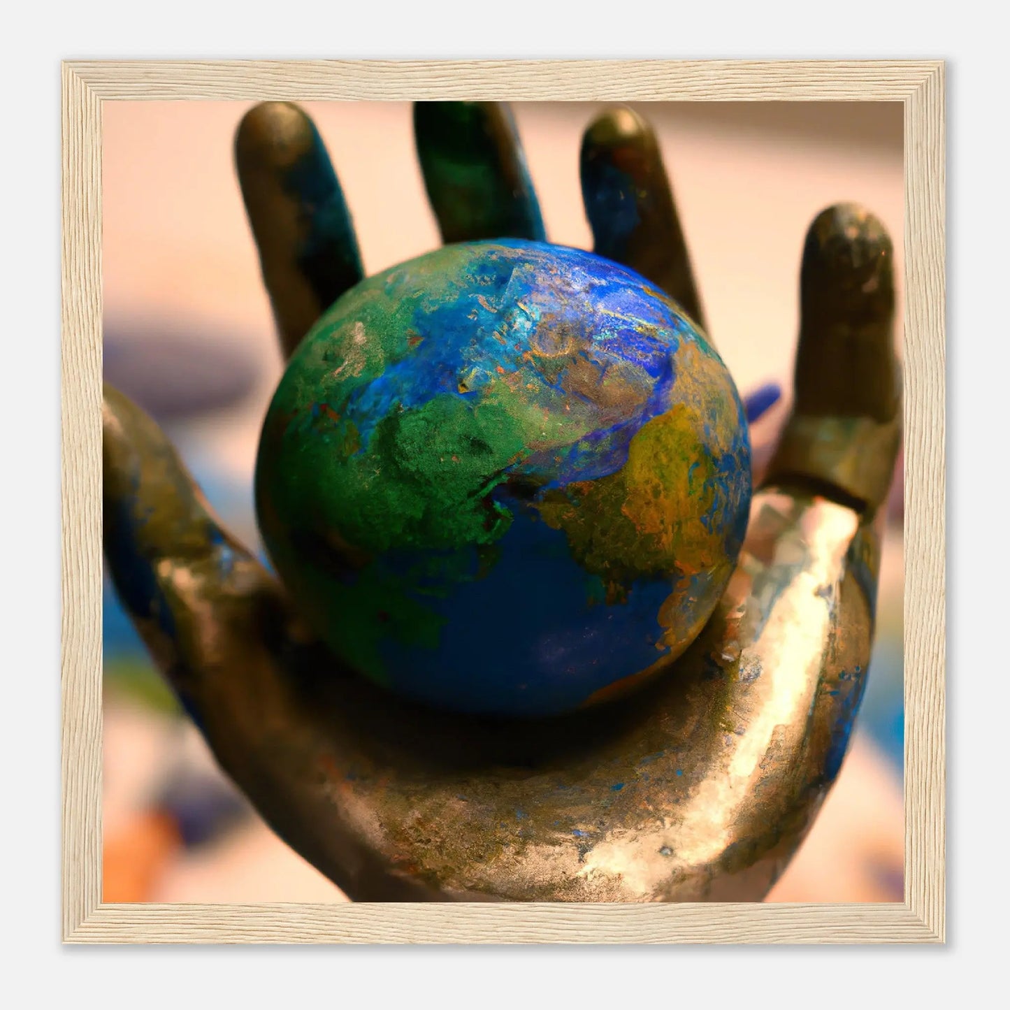 Gerahmtes Premium-Poster - Planet in der Hand - Foto Stil, KI-Kunst - RolConArt, Fotokunst - Kreative Vielfalt, 30x30-cm-12x12-Holz