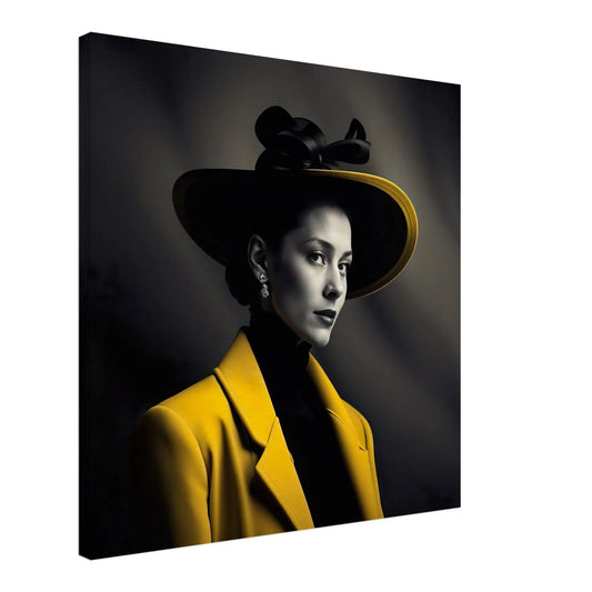 Leinwandbild - Frau im gelben Mantel - Schwarz-Weiß Stil, KI-Kunst - RolConArt, Schwarz-Weiß mit Akzentfarben,