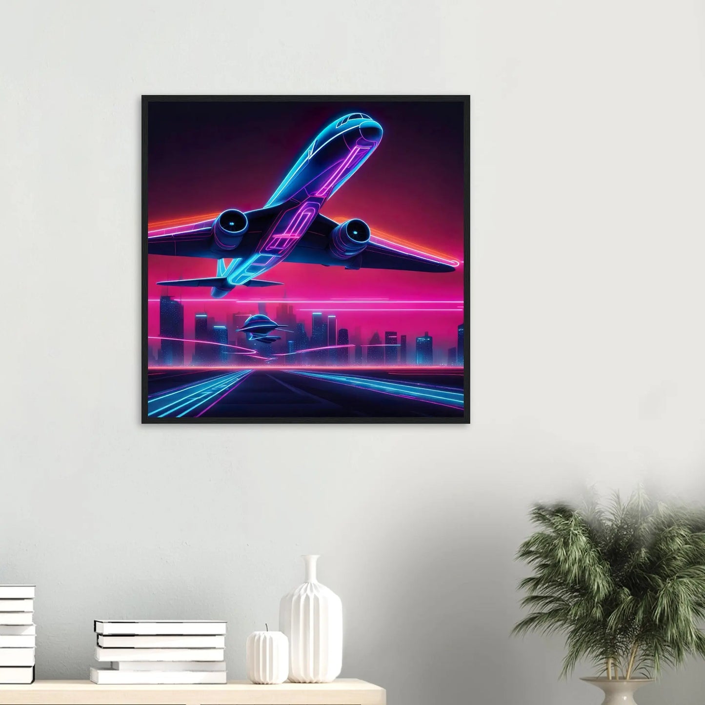 Gerahmtes Premium-Poster -Futuristisches Flugzeug- Neon Stil, KI-Kunst - RolConArt, Neon,