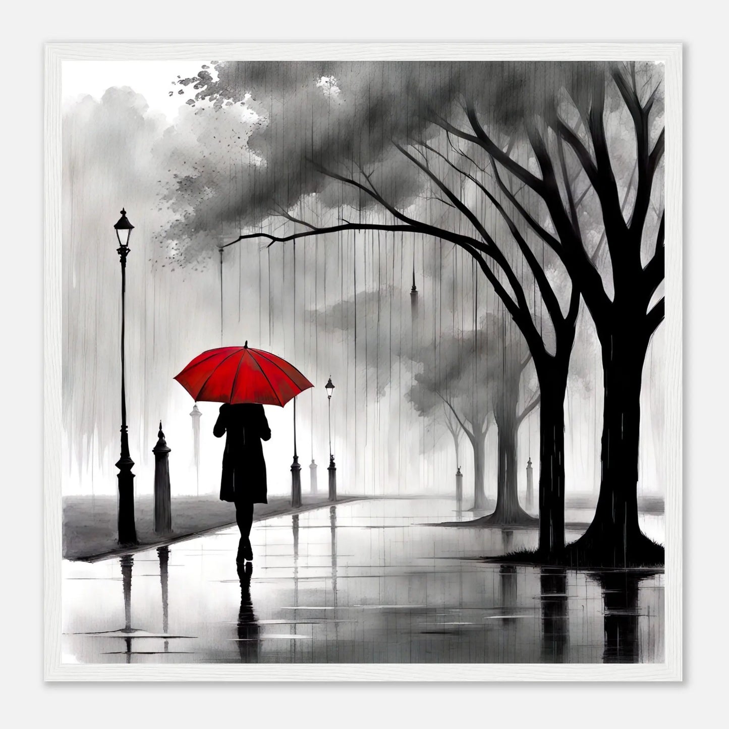 Gerahmtes Premium-Poster - Frau im Park - Schwarz-Weiß, KI-Kunst - RolConArt, Schwarz-Weiß mit Akzentfarben, 50x50-cm-20x20-Weißer-Rahmen