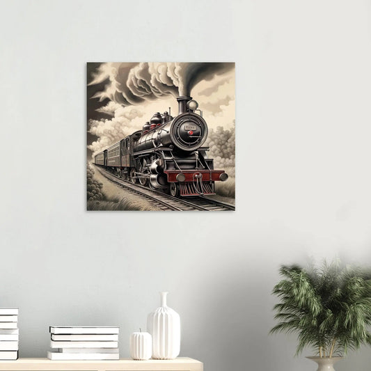 Moderner Forex-Druck - Dampflokomotive  - Schwarz-Weiß, KI-Kunst RolConArt