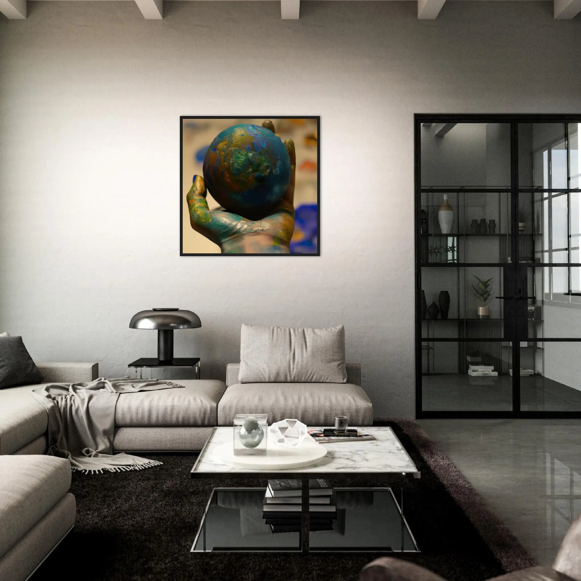 Gerahmtes Premium-Poster - Planet in der Hand - Foto Stil, KI-Kunst - RolConArt, Fotokunst - Kreative Vielfalt,