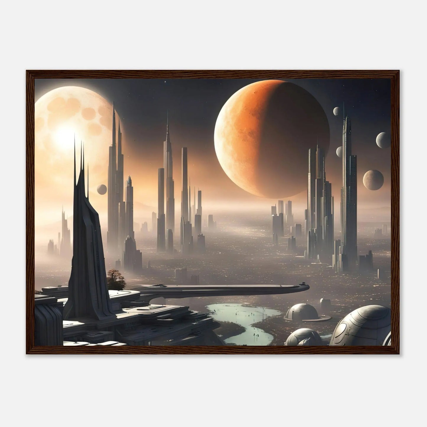 Gerahmtes Premium-Poster -Futuristische Welt- Digitaler Stil, KI-Kunst - RolConArt, Sci-Fi, 45x60-cm-18x24-Dunkler-Holzrahmen