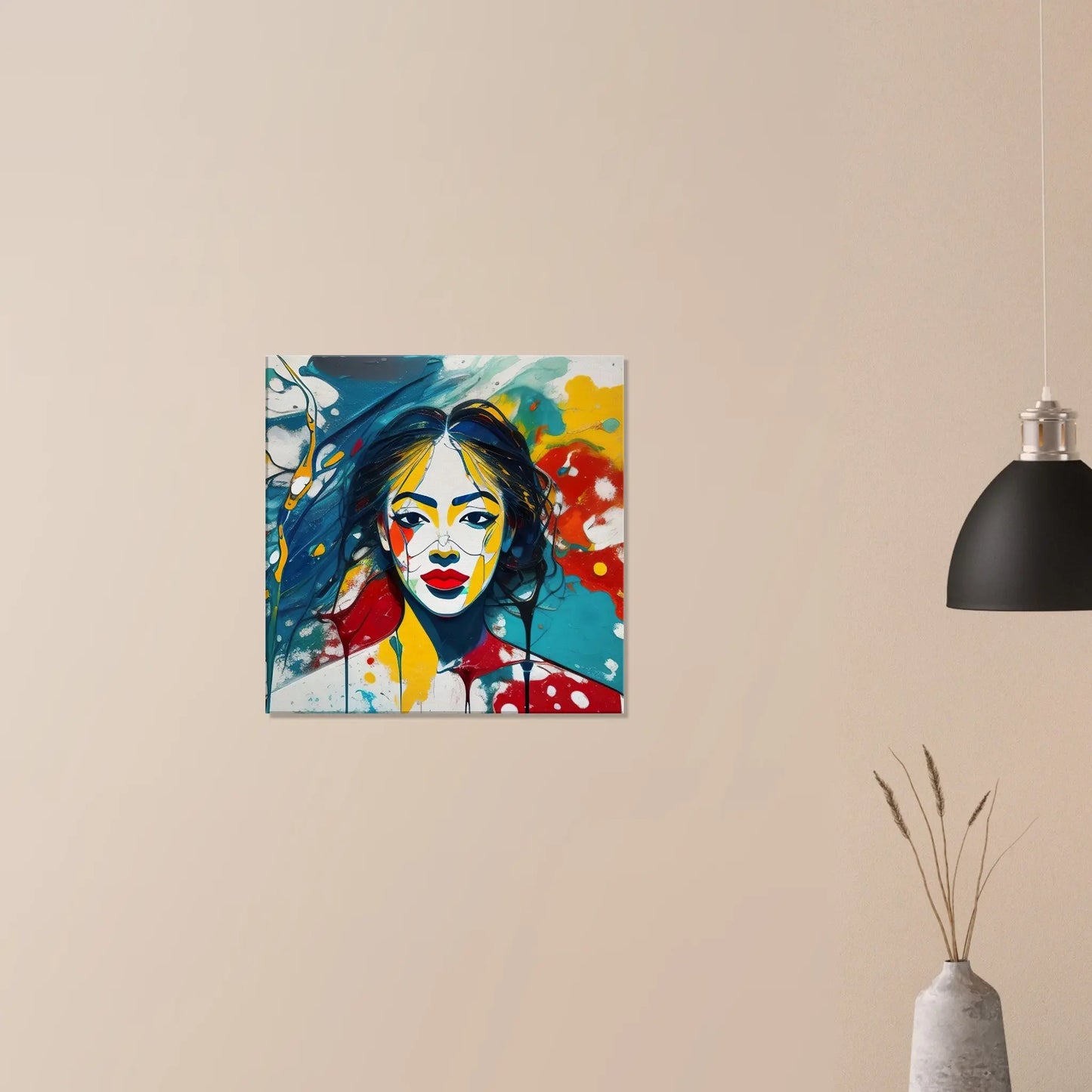 Leinwandbild - Frauenporträt im Splash Art Stil, KI-Kunst - RolConArt, Splash Art - Porträts,