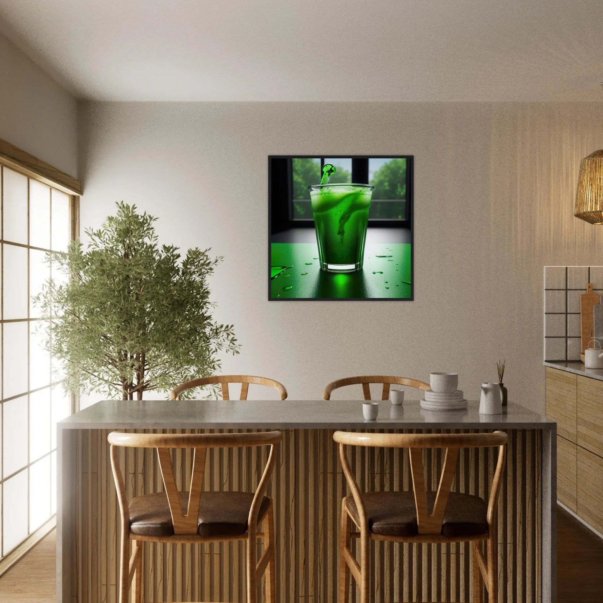 Gerahmtes Premium-Poster - Glas mit grünem Trank - Foto Stil, KI-Kunst - RolConArt, Kreative Vielfalt,