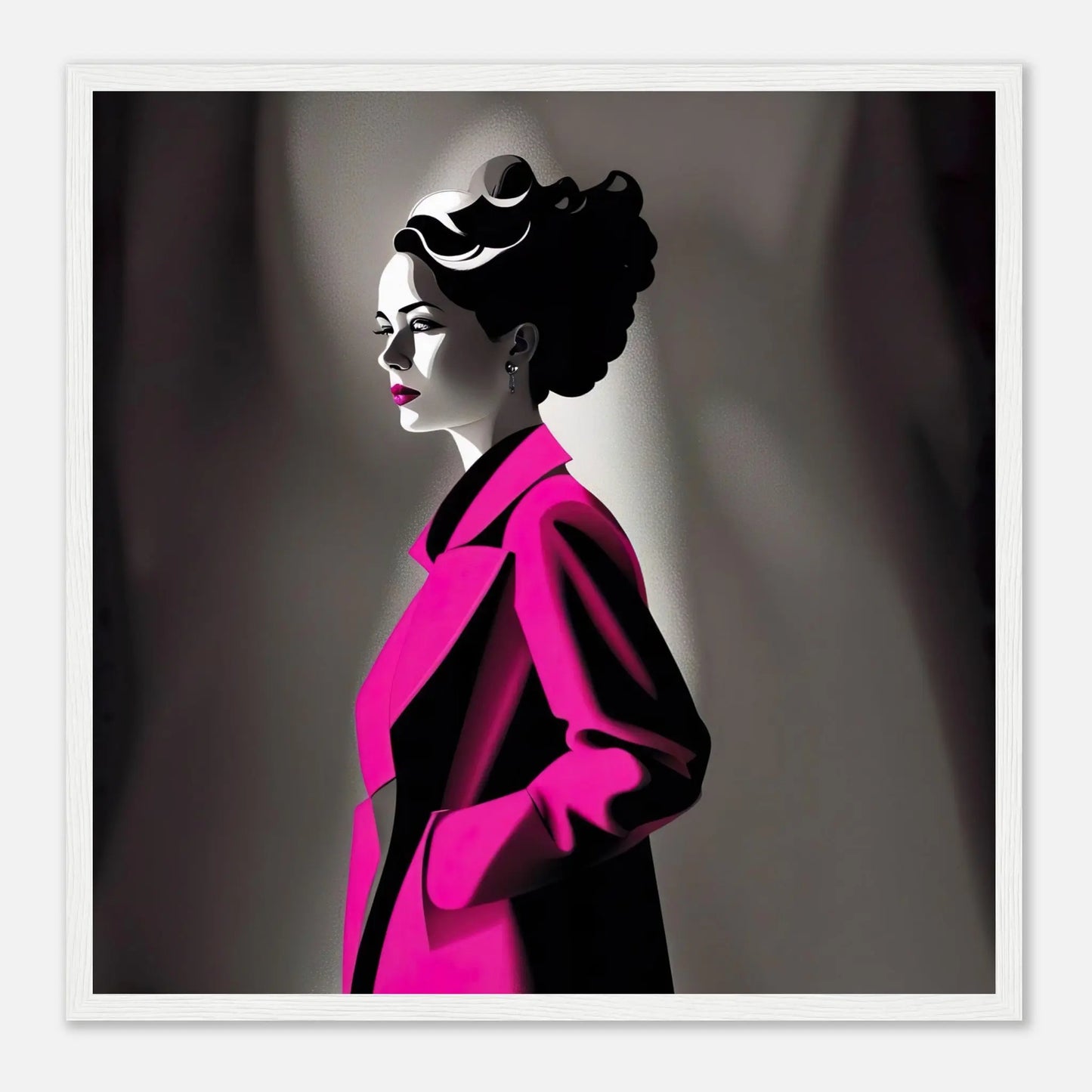 Gerahmtes Premium-Poster - Frau im rosa Mantel - Schwarz-Weiß, KI-Kunst - RolConArt, Schwarz-Weiß mit Akzentfarben, 50x50-cm-20x20-Weißer-Rahmen