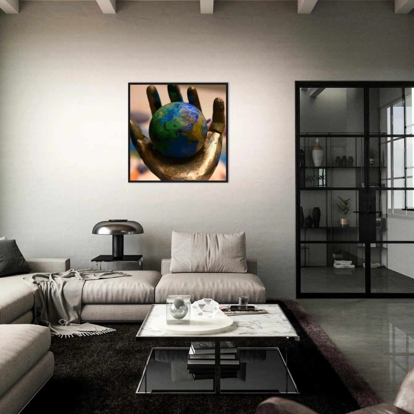 Gerahmtes Premium-Poster - Planet in der Hand - Foto Stil, KI-Kunst - RolConArt, Fotokunst - Kreative Vielfalt,