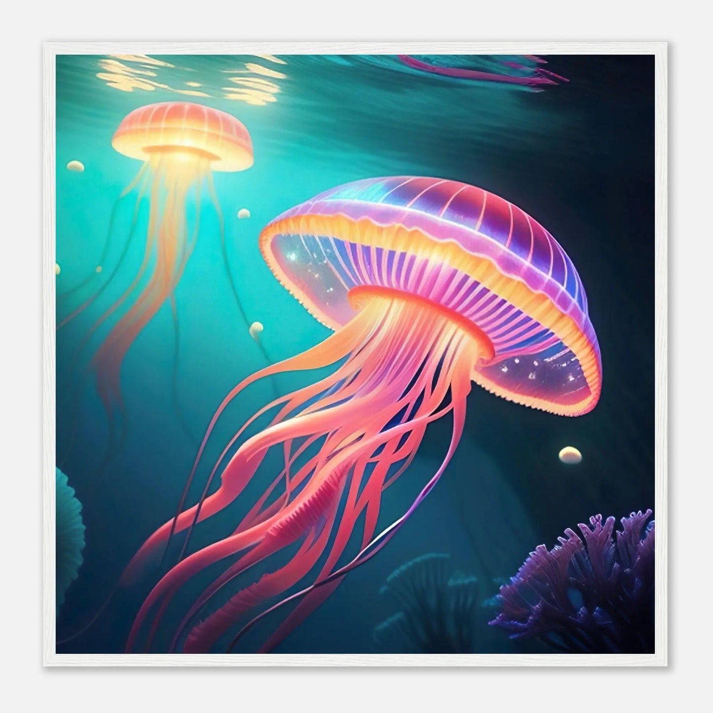 Gerahmtes Premium-Poster - Quallen - Digitaler Stil, KI-Kunst - RolConArt, Unterwasserlandschaften, 70x70-cm-28x28-Weißer-Rahmen