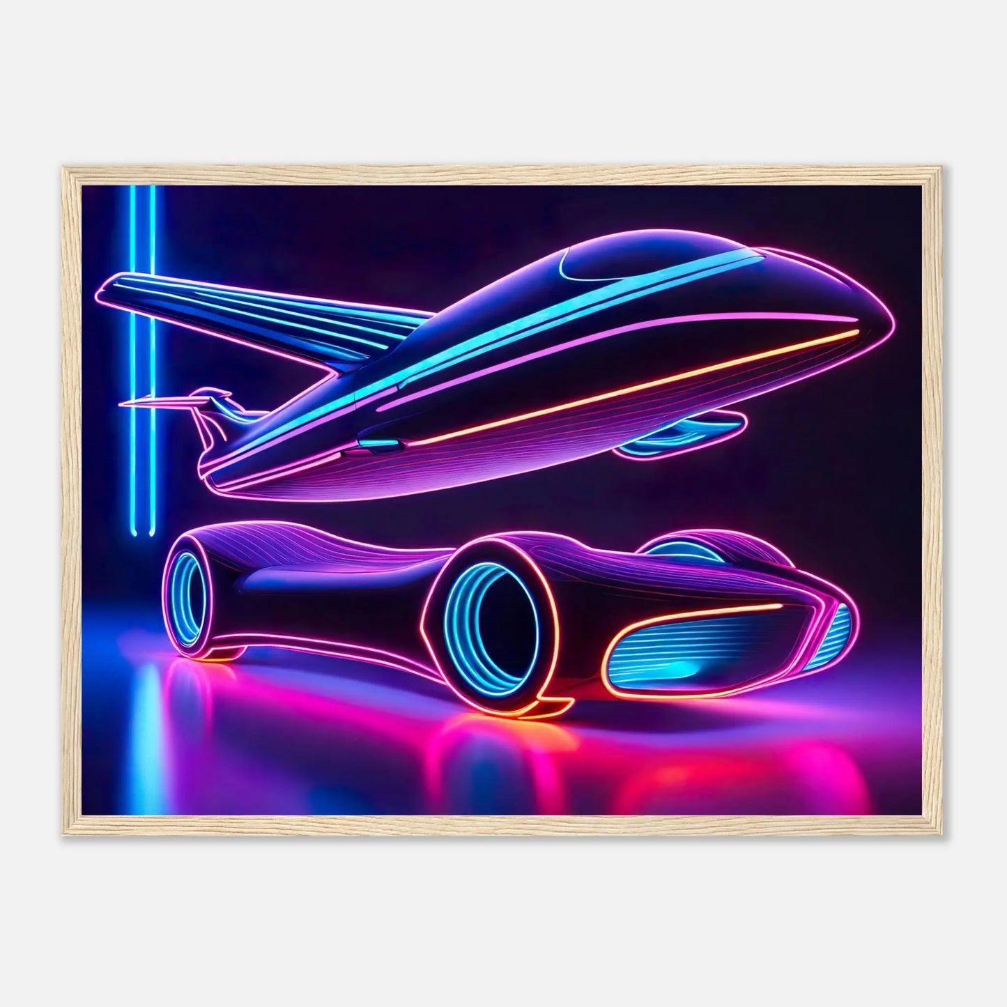 Gerahmtes Premium-Poster -Futuristisches Fahrzeug- Neon Stil, KI-Kunst - RolConArt, Neon, 45x60-cm-18x24-Holzrahmen