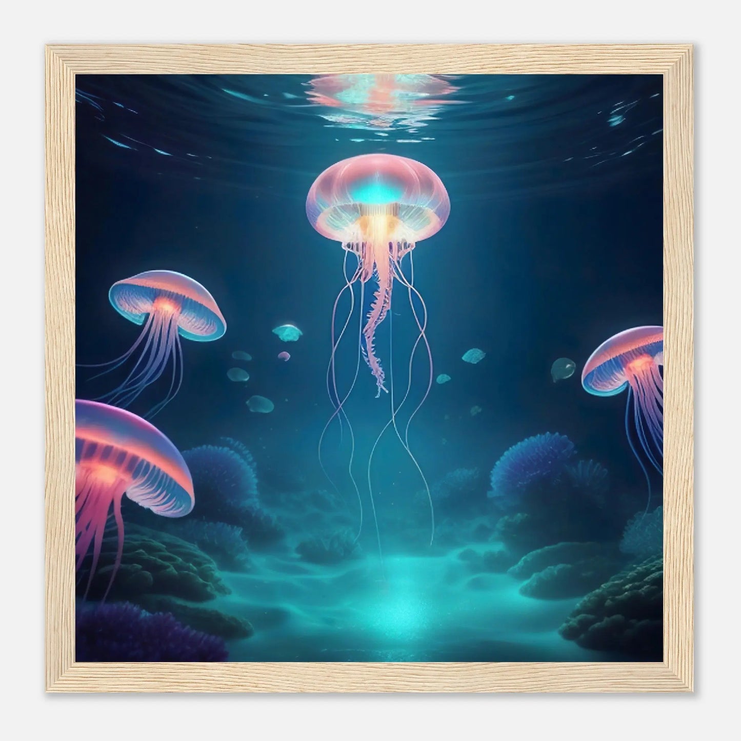 Gerahmtes Premium-Poster - Quallen - Digitaler Stil, KI-Kunst - RolConArt, Unterwasserlandschaften, 30x30-cm-12x12-Holzrahmen