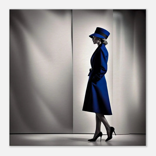 Leinwandbild - Frau im blauen Mantel - Schwarz-Weiß Stil, KI-Kunst - RolConArt, Schwarz-Weiß mit Akzentfarben, 60x60-cm-24x24