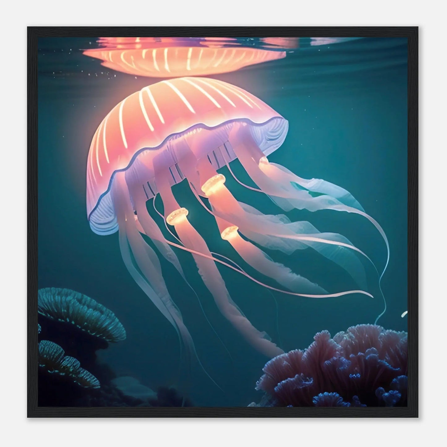 Gerahmtes Premium-Poster - Qualle - Digitaler Stil, KI-Kunst - RolConArt, Unterwasserlandschaften, 50x50-cm-20x20-Schwarzer-Rahmen
