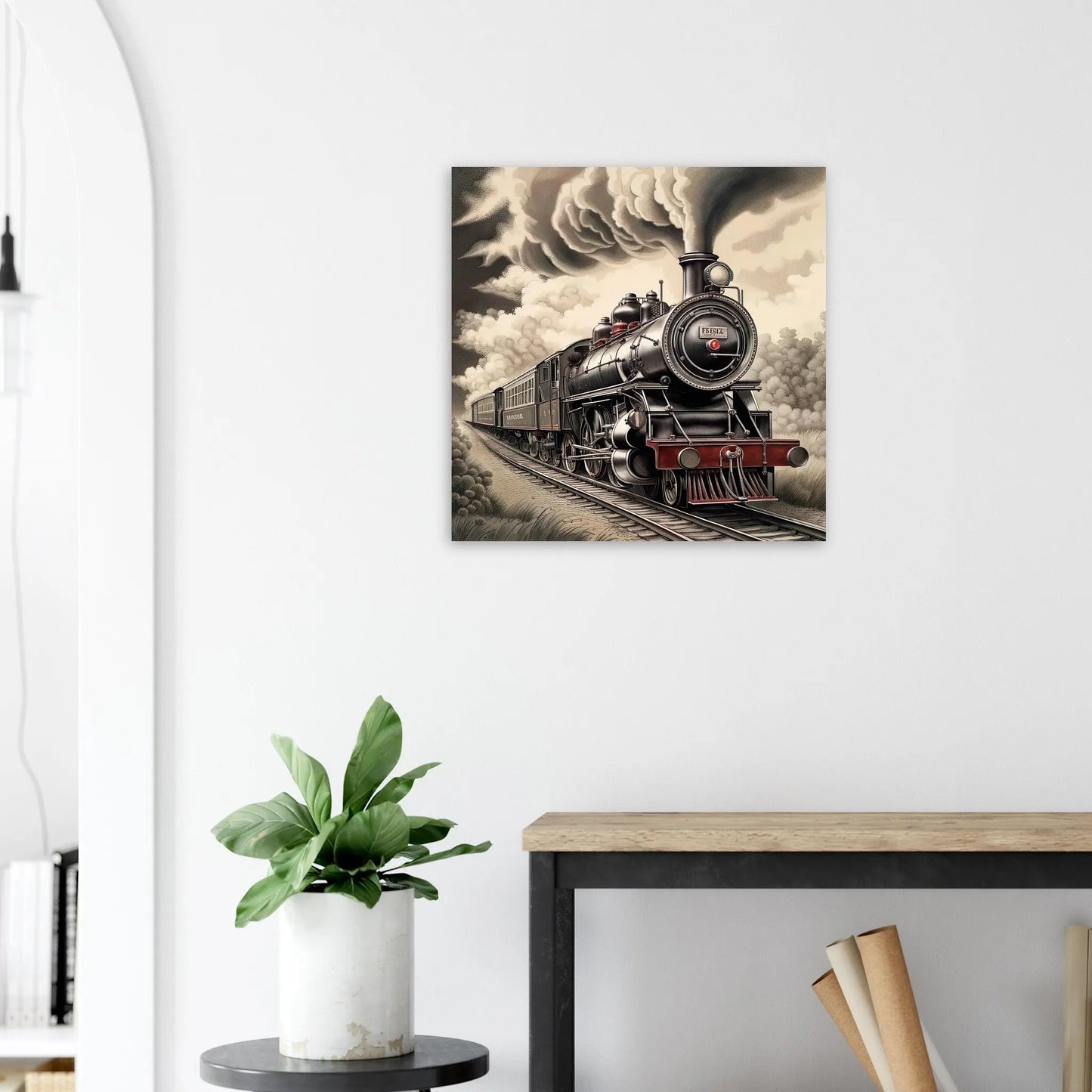 Moderner Forex-Druck - Dampflokomotive  - Schwarz-Weiß, KI-Kunst RolConArt