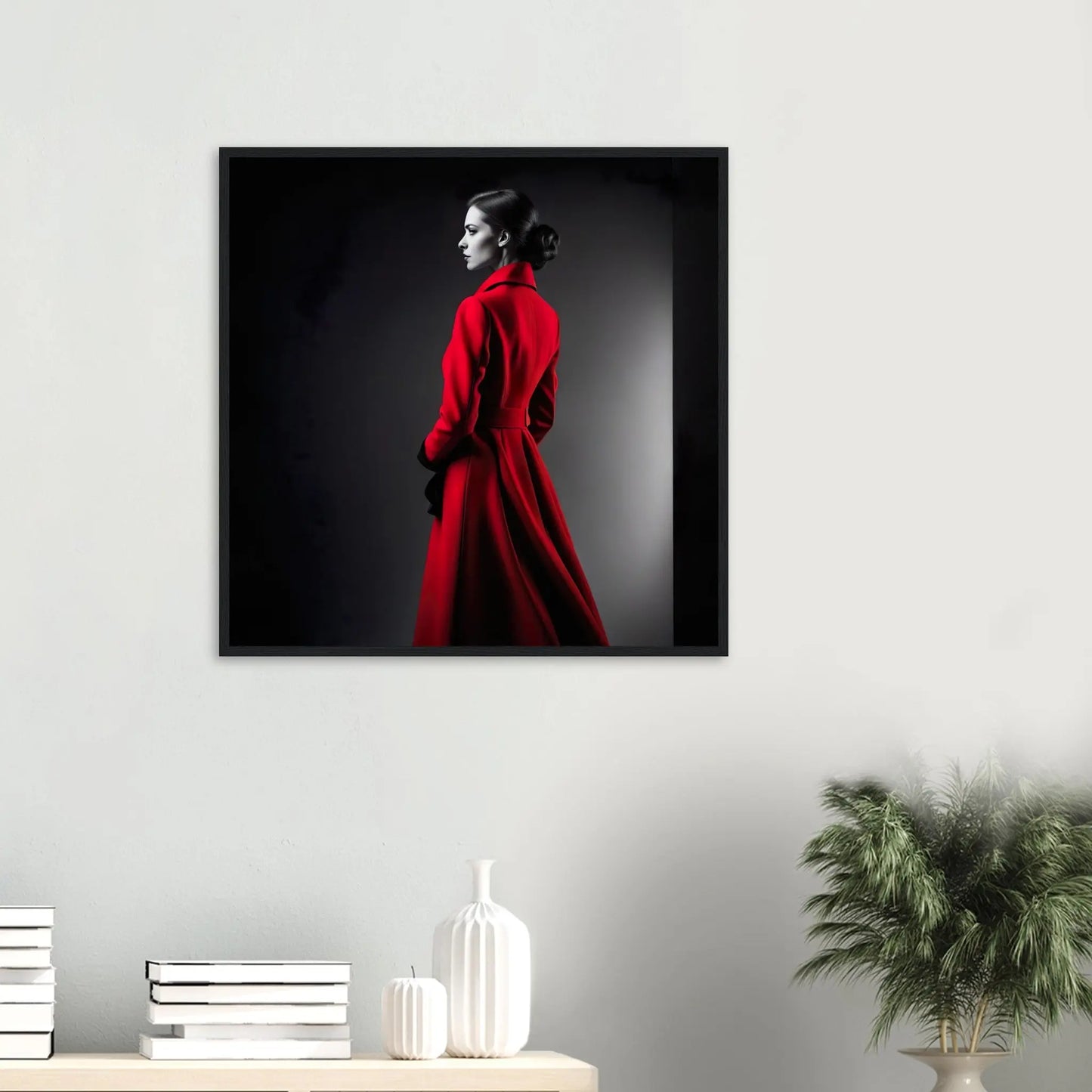 Gerahmtes Premium-Poster - Frau im roten Mantel - Schwarz-Weiß, KI-Kunst - RolConArt, Schwarz-Weiß mit Akzentfarben,