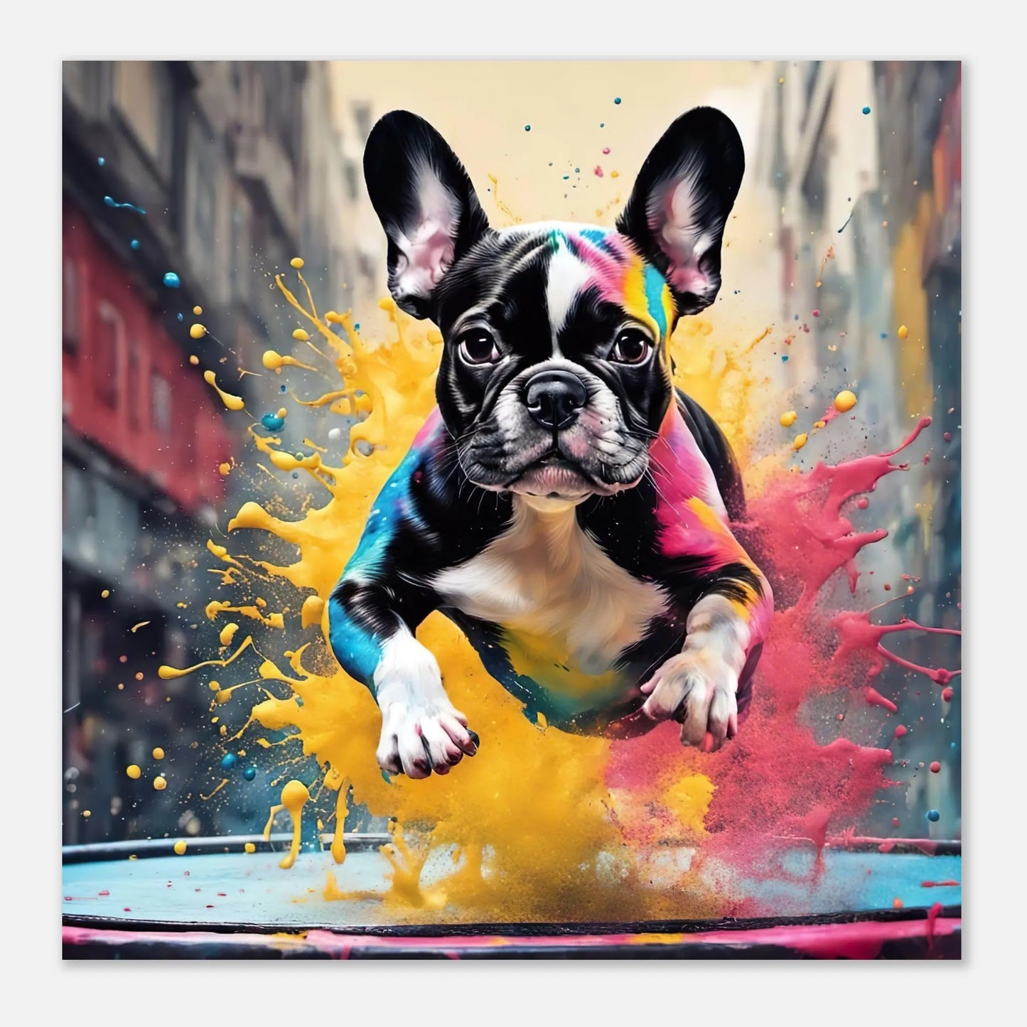 Aluminiumdruck - Französische Bulldogge - Splash Art Stil, KI-Kunst RolConArt