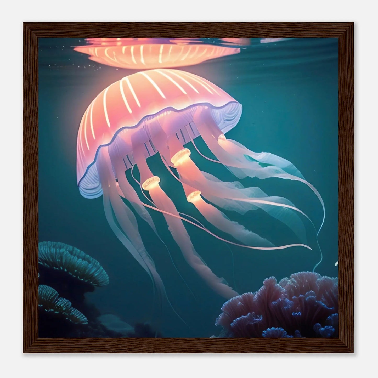 Gerahmtes Premium-Poster - Qualle - Digitaler Stil, KI-Kunst - RolConArt, Unterwasserlandschaften, 30x30-cm-12x12-Dunkler-Holzrahmen