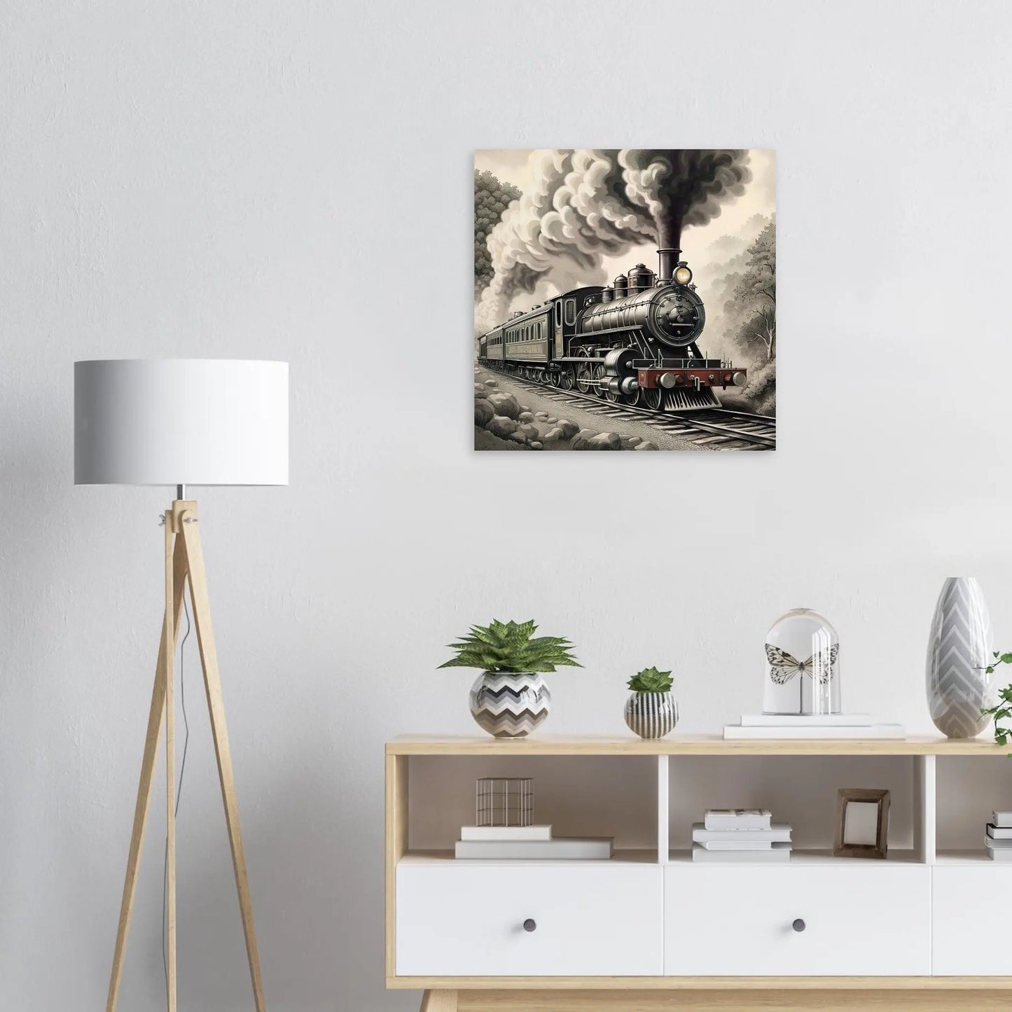 Moderner Forex-Druck - Dampflokomotive  - Schwarz-Weiß, KI-Kunst RolConArt