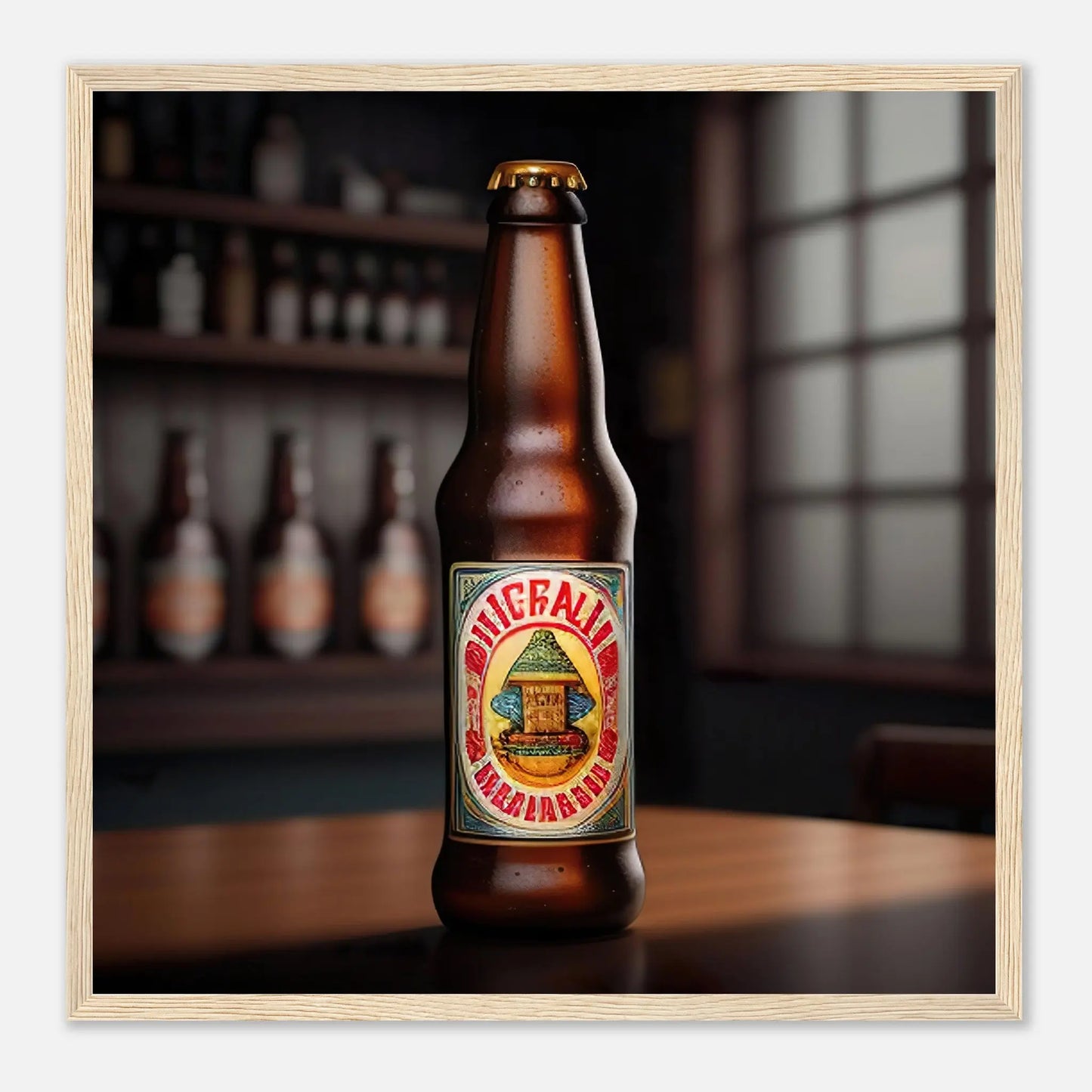 Gerahmtes Premium-Poster - Bierflasche - Foto Stil, KI-Kunst - RolConArt, Kreative Vielfalt, 50x50-cm-20x20-Holzrahmen