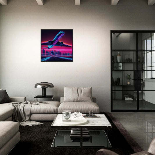 Gerahmtes Premium-Poster -Futuristisches Flugzeug- Neon Stil, KI-Kunst - RolConArt, Neon,