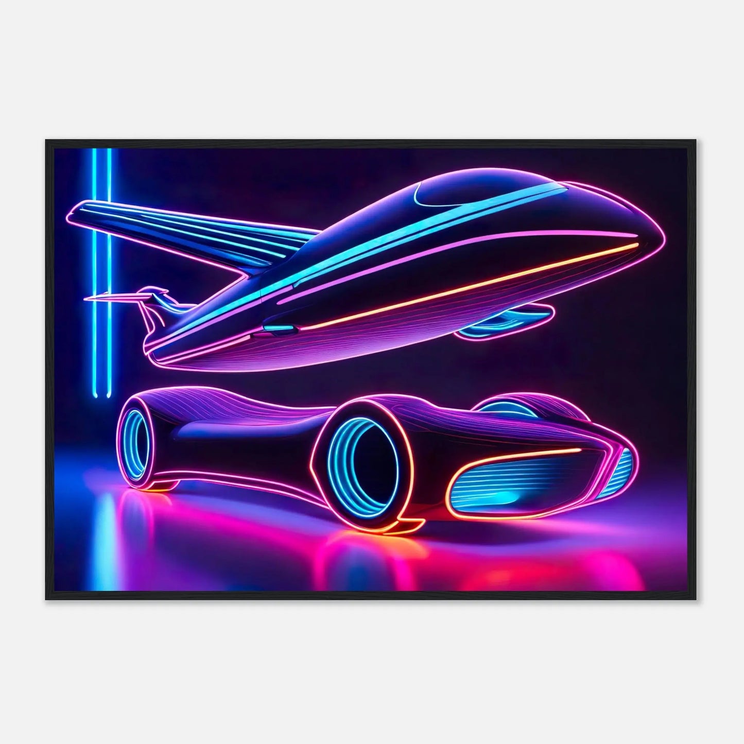 Gerahmtes Premium-Poster -Futuristisches Fahrzeug- Neon Stil, KI-Kunst - RolConArt, Neon, 70x100-cm-28x40-Schwarzer-Rahmen