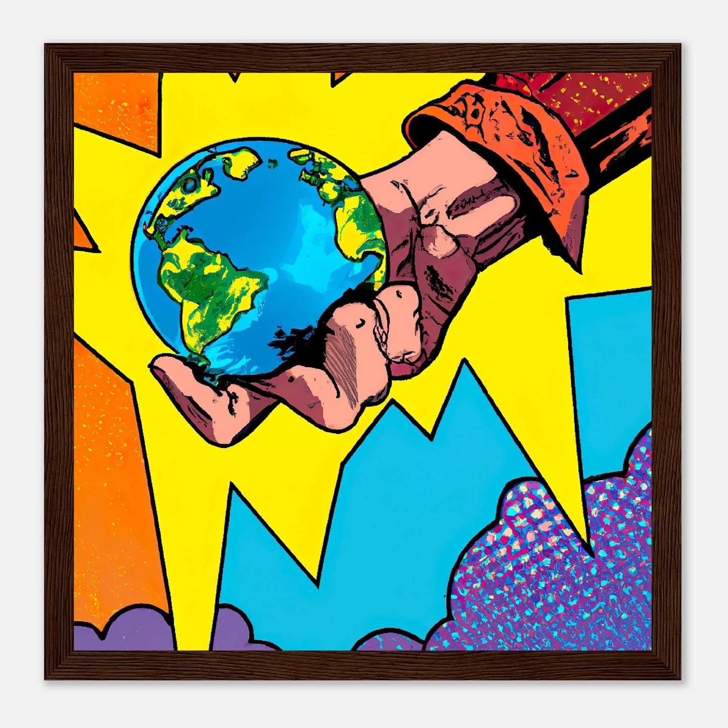 Gerahmtes Premium-Poster - Planet in der Hand - Cartoon Stil, KI-Kunst - RolConArt, Cartoon, 30x30-cm-12x12-Dunkles-Holz