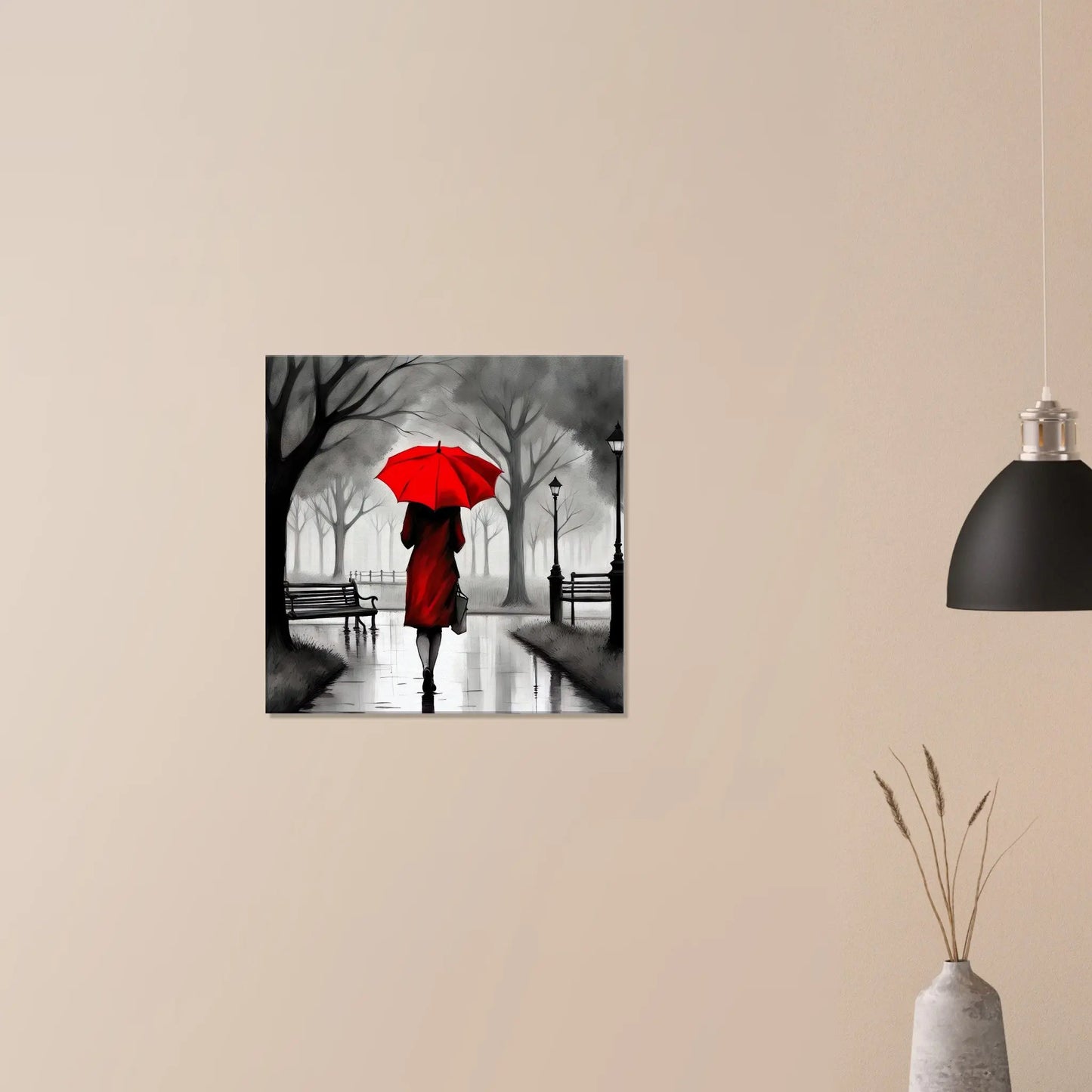 Leinwandbild - Frau mit rotem Regenschirm  - Schwarz-Weiß, KI-Kunst - RolConArt, Schwarz-Weiß mit Akzentfarben,