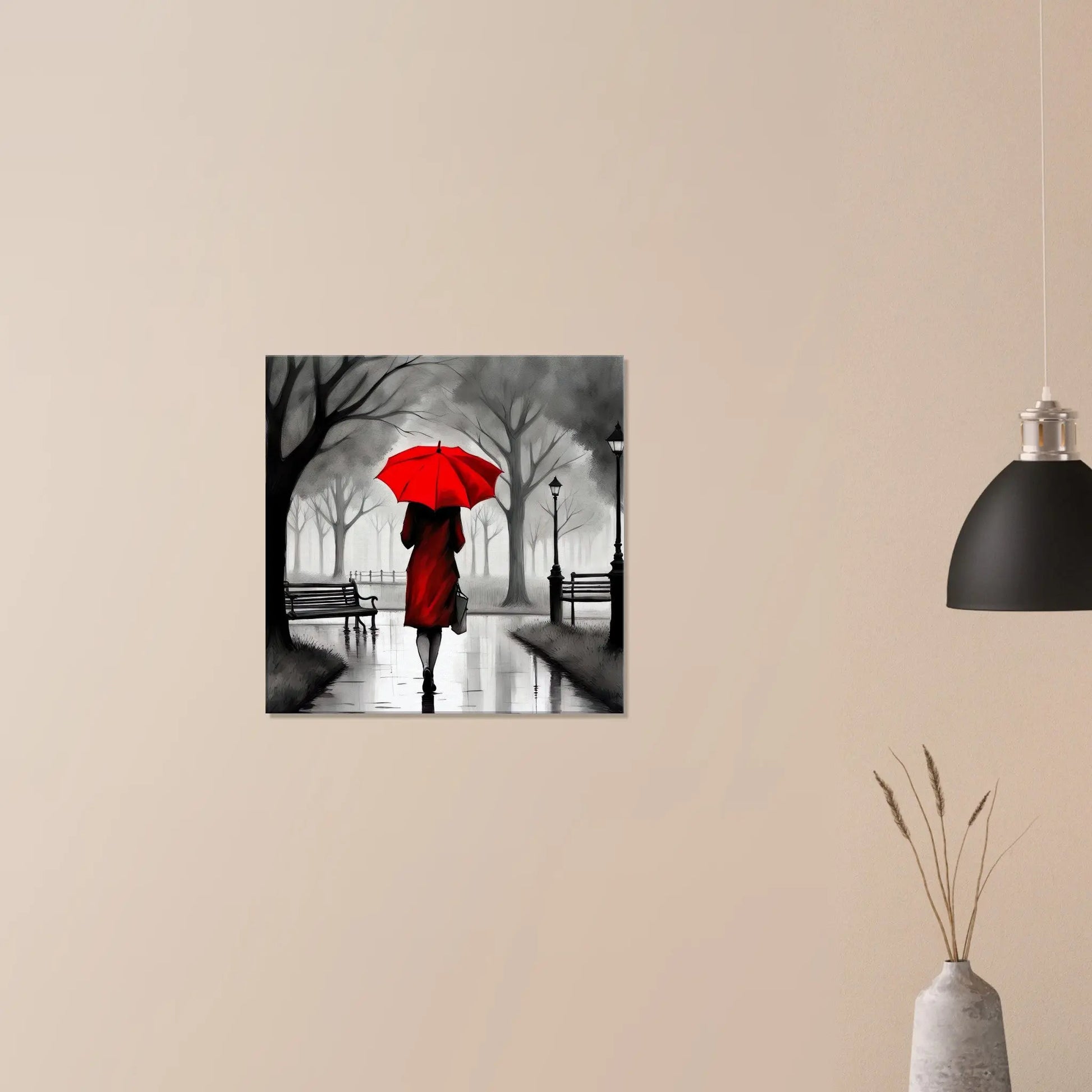 Leinwandbild - Frau mit rotem Regenschirm  - Schwarz-Weiß, KI-Kunst - RolConArt, Schwarz-Weiß mit Akzentfarben,