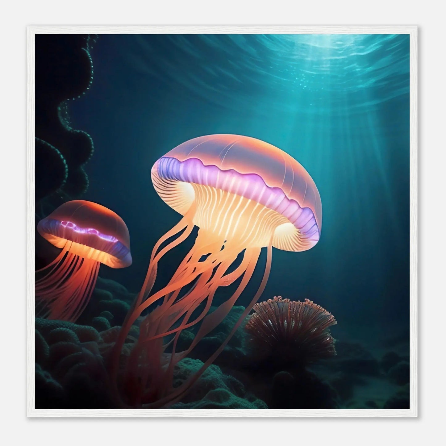 Gerahmtes Premium-Poster - Quallen - Digitaler Stil, KI-Kunst - RolConArt, Unterwasserlandschaften, 70x70-cm-28x28-Weißer-Rahmen